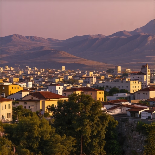 Korçë şehrinin tarihi ve doğal güzelliklerini gösteren panoramik manzara