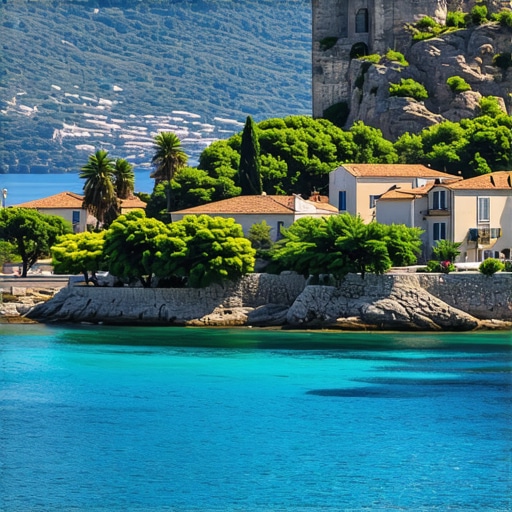 Panoramic view of Korçula Island with historic architecture and natural beauty.
