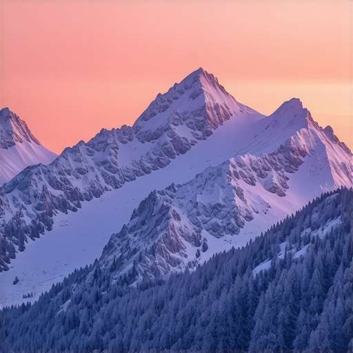 Snow-covered mountains during sunset with vibrant sky colors