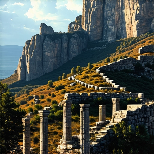 Panoramic view of misty Balkan mountains and ancient ruins, lush greenery and historical structures
