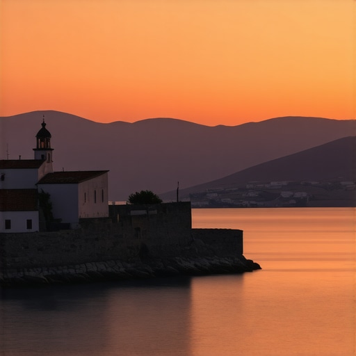 Sunset over Nafplio's coast with historical buildings and calm sea