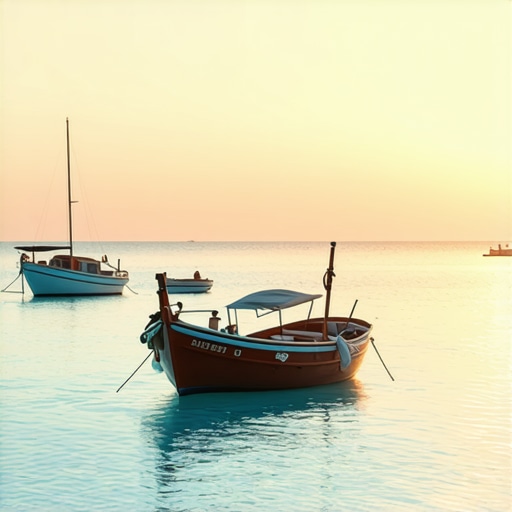 Beautiful sunset over the calm waters of Patras, with boats gently floating and vibrant colors reflecting on the sea.