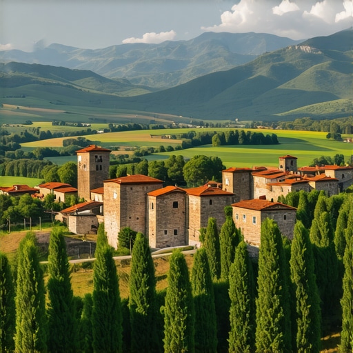 Panoramic view of Peja showing green mountains, historical structures, and eco-tourism activities.