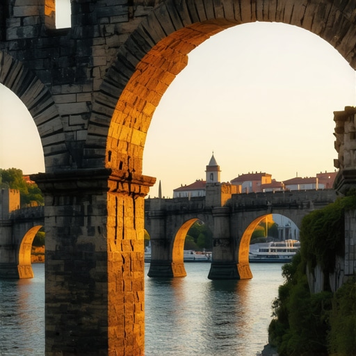 Roma dönemine ait tarihi köprü ve gün batımı, Niš şehri
