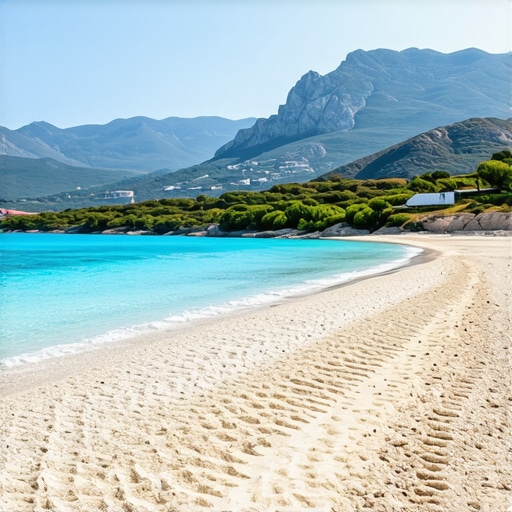 A panoramic view of Dıraç's pristine beaches and Korçë's lush mountains, showcasing natural Balkan beauty.