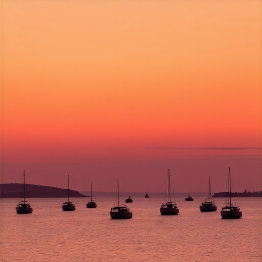 Beautiful sunset over the sea with boats and scenic coastline