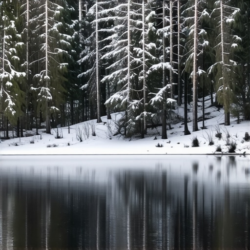 Snow-covered trees and frozen lake in Biogradska Forest during winter