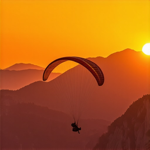 Paragliding over mountain landscape at sunset with vibrant colors