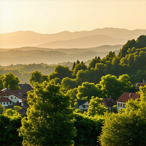 Balkan Landscape at Sunset Scenic Balkan landscape with forests, villages, and mountains at sunset.