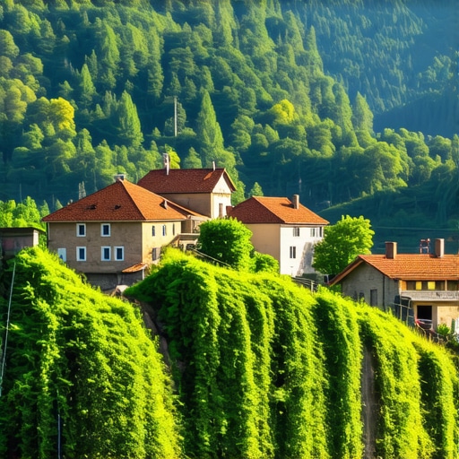 Scenic view of Balkan mountains showing traditional villages and eco-friendly tourism infrastructure