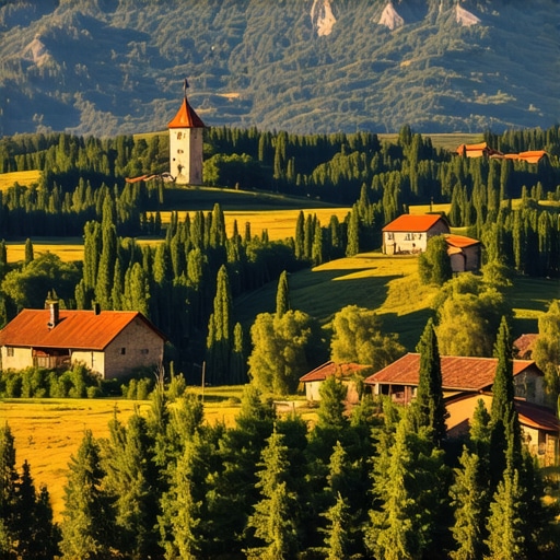 Balkanların Doğal Güzellikleri ve Sürdürülebilirlik Scenic view of Balkan mountains and villages emphasizing natural beauty and sustainable tourism