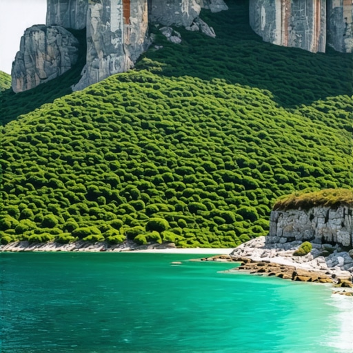 Scenic view of the Balkan coastline with blue waters and green mountains.