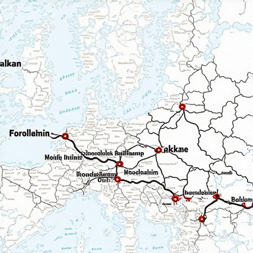 Balkanlar bölgesinde seyahat rotalarını ve önemli noktaları gösteren detaylı harita