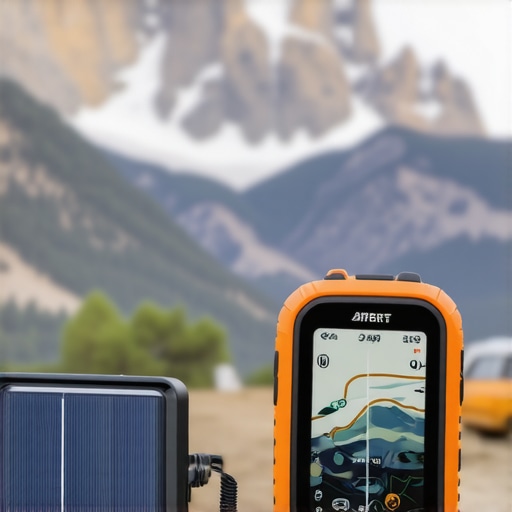 Gelişmiş GPS ve Güneş Paneli ile Doğa Keşifleri Doğa keşiflerinde kullanılan dayanıklı GPS ve güneş enerjili şarj cihazı, dağlık alanda.