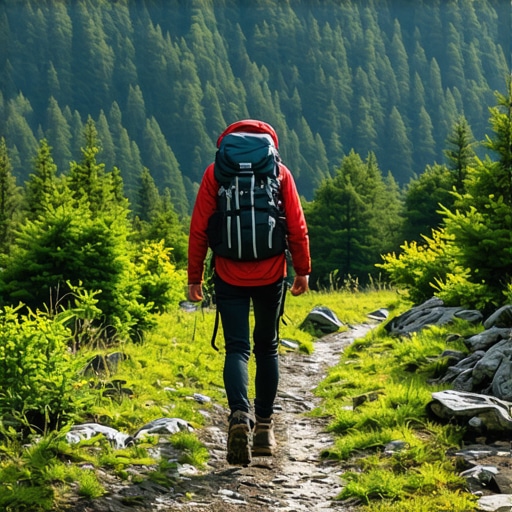 Hiker exploring dense Balkan forests with mountain views