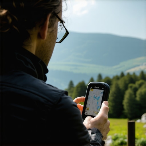 A hiker navigating Balkan terrain with a Garmin GPS device, mountains and forests in background.