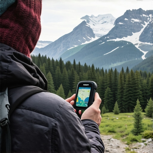 Bir turist GPS cihazı kullanıyor, arka planda dağlar ve ormanlar görülüyor